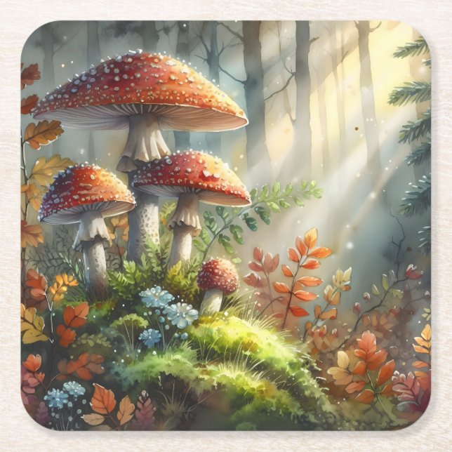 Vattenfärg Amanita Mushroom Forest Foliage Art Underlägg Papper Kvadrat (Framsidan)