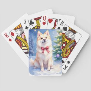 Vattenfärg Amerikansk Eskimo Hund Glittrande Jul Casinokort