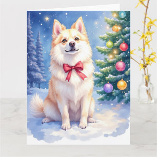 Vattenfärg Amerikansk Eskimo Hund Glittrande Jul Kort