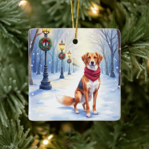 Vattenfärg Amerikansk Rävhund Snöig Lykta Julgransprydnad Keramik