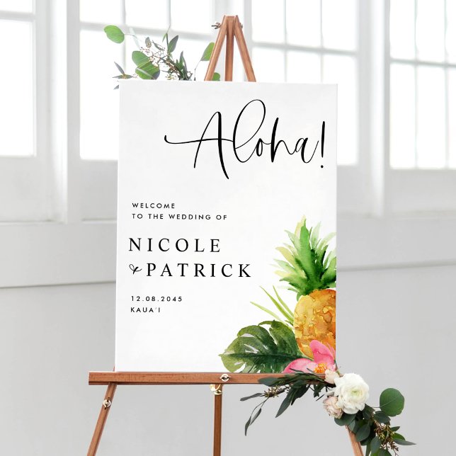 Vattenfärg Ananas och Hibiskus Tropisk Bröllop Poster (Customizable summer wedding sign featuring watercolor pineapple, tropical greenery and flower.)
