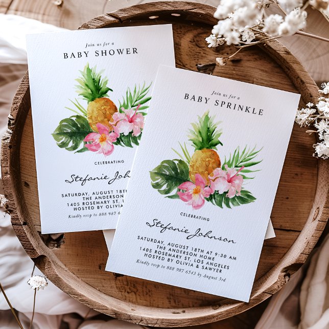 Vattenfärg Ananas Tropisk Bebis Sprinkle Inbjudningar (Tropical baby sprinkle invitation featuring watercolor pineapple, hibiscus and greenery. )