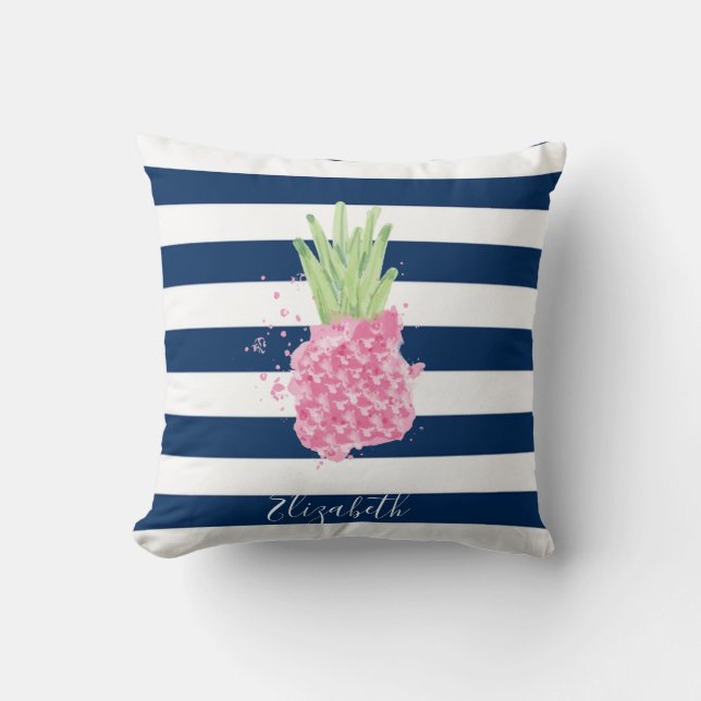 Vattenfärg Ananas Tropisk , Marinblå Randig   Kudde (Framsida)