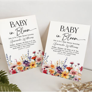 Vattenfärg äng Blommig Baby i Knopp Babyfirande Inbjudningar