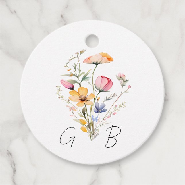 Vattenfärg Äng Vildblomma Monogram Bröllop Gåvor Etiketter (Framsida)
