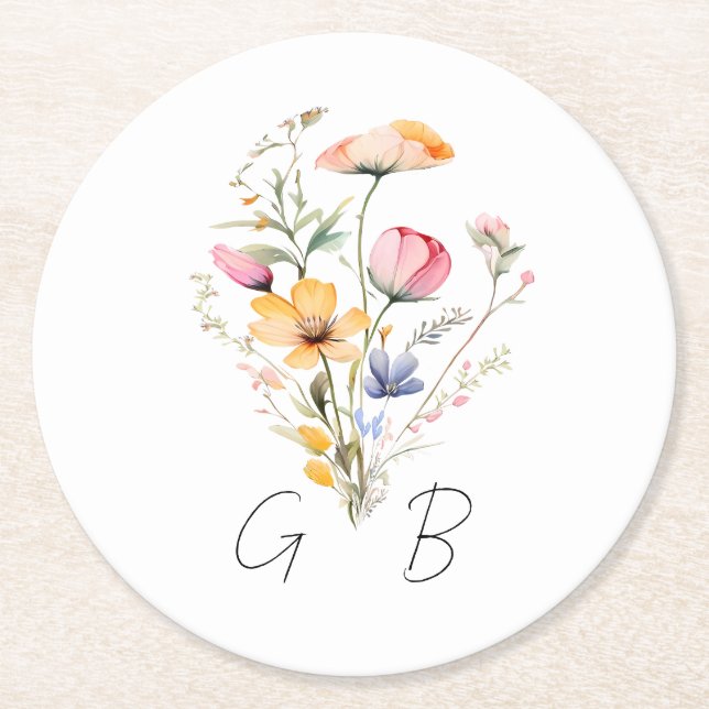Vattenfärg Äng Vildblomma Monogram Bröllop Underlägg Papper Rund (Framsidan)