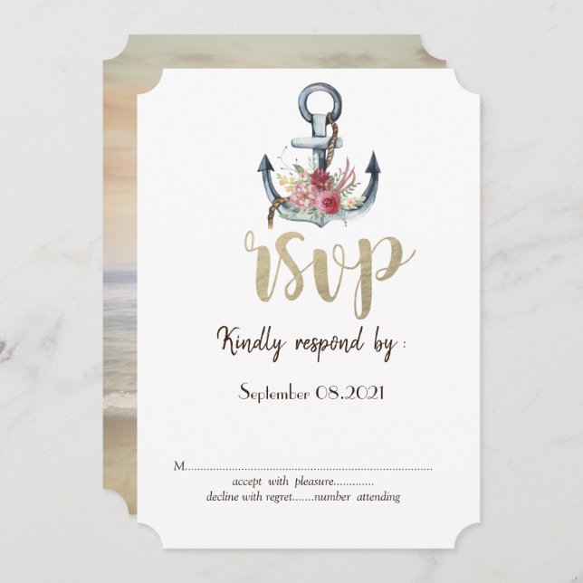 Vattenfärg Ankar Blommor Marin RSVP  Inbjudningar (Fram/baksida)