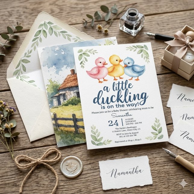 Vattenfärg Ankomstkort för Bebisbad med Ankunge  Inbjudningar (Skapare uppladdad)