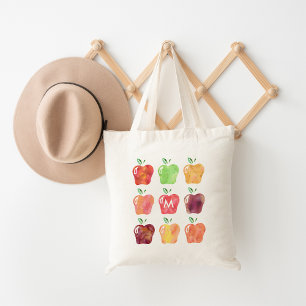 Vattenfärg Apple Initial Monogram Teacher Tygkasse