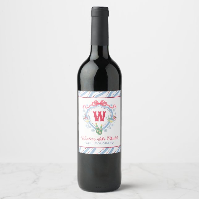 Vattenfärg Après-Ski Monogram Topp Vinflaska Etikett (Framsida)