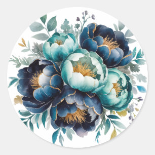 Vattenfärg Aqua Navy Blue Peony Blommigt Bröllop Runt Klistermärke