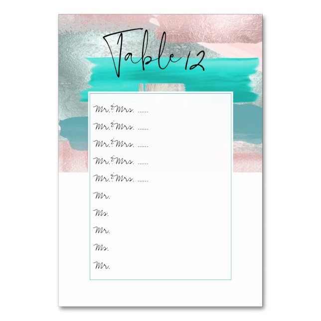 Vattenfärg Aqua Rosa Teal Bord Nr. pinne till tavl Bordsnummer (Framsidan)
