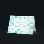 Vattenfärg Aqua Stars MAZEL TOV Pub Bat mitzvah Kort<br><div class="desc">Perfekt roligt MAZEL TOV-kort som ska skickas för bat mitzvah, pub mitzvah eller andra judiska firande! Hand gjorde vattenfärgsgrafik åt dig på framsidan och på insidan. FULLT ANPASSADE! Klicka på "Anpassa" ovan om du vill redigera texten. Klicka på "Redigera med verktyg" för att justera typsnitt, färg och placeringar. Utformningen är...</div>