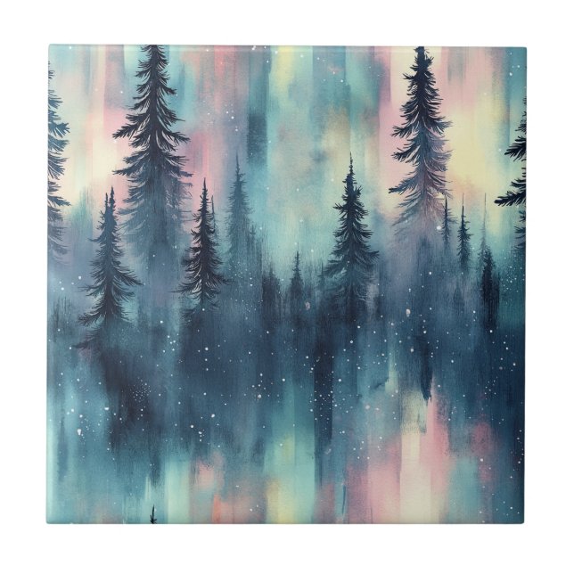Vattenfärg Aurora Borealis Skog Kakelplatta (Framsidan)