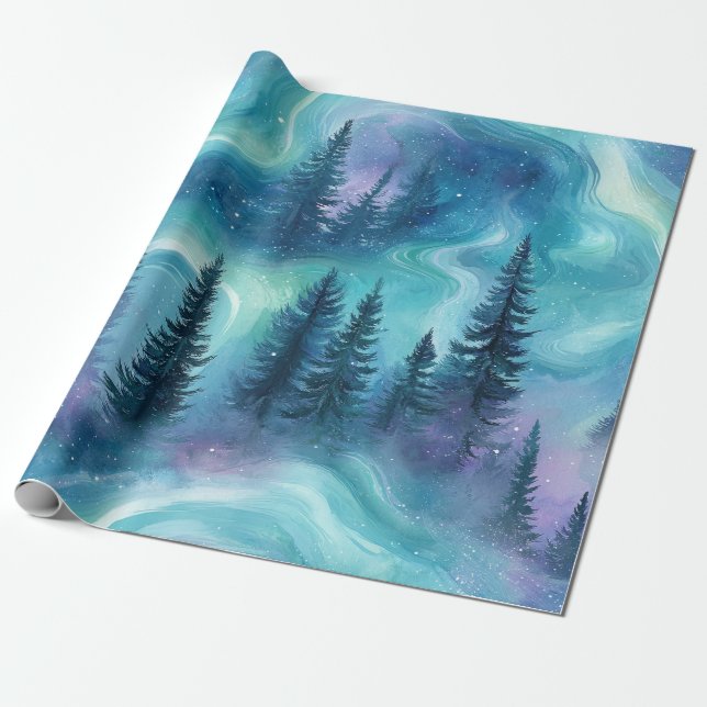 Vattenfärg Aurora Borealis Skog Presentpapper (Utrullad)