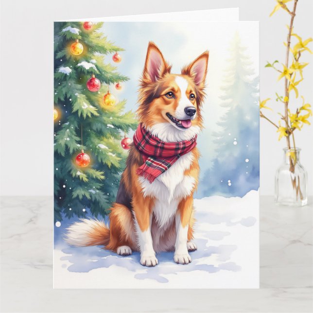 Vattenfärg Australisk Shepherd Lysande Jul Kort (Gul blomma)