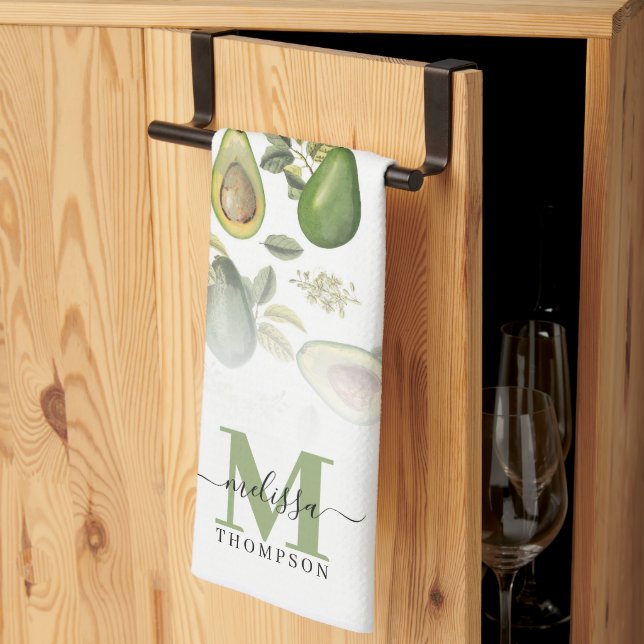 Vattenfärg Avocado Botanical Mönster Monogrammed Kökshandduk (Thirds Fold)