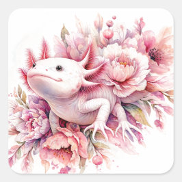 Vattenfärg Axolotl bland Rosa Flowers Fyrkantigt Klistermärke