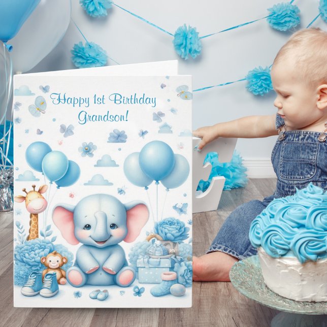 Vattenfärg Baby blue Elephant 1st Birthday Kort (Family Keepsake: Watercolor Elephant 1st Birthday Card)
