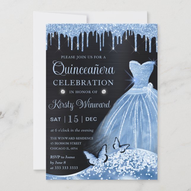 Vattenfärg Baby blue Glitter Dress Quinceanera Inbjudningar (Framsida)