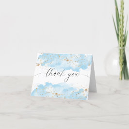 Vattenfärg baby blue vit guld glitter tack kort