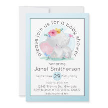 Vattenfärg Baby Elephant med Blommor Baby Shower