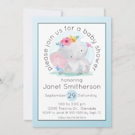 Vattenfärg Baby Elephant med Blommor Baby Shower Inbjudningar