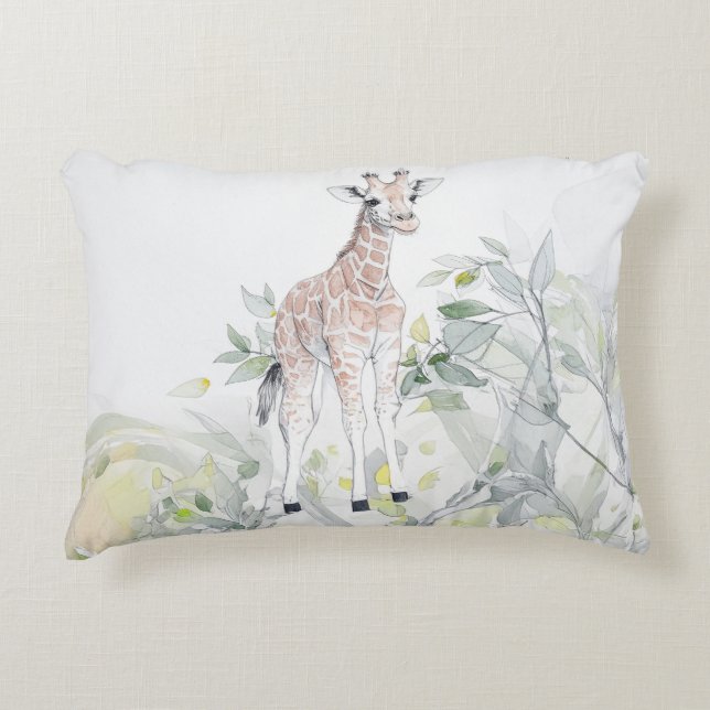 Vattenfärg Baby Giraffe med löv Prydnadskudde (Framsidan)