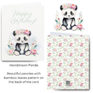 Vattenfärg Baby Panda Peonies Djungel Födelsedag Kort