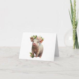 Vattenfärg Baby Piglet med blommor på Head BLANK Kort