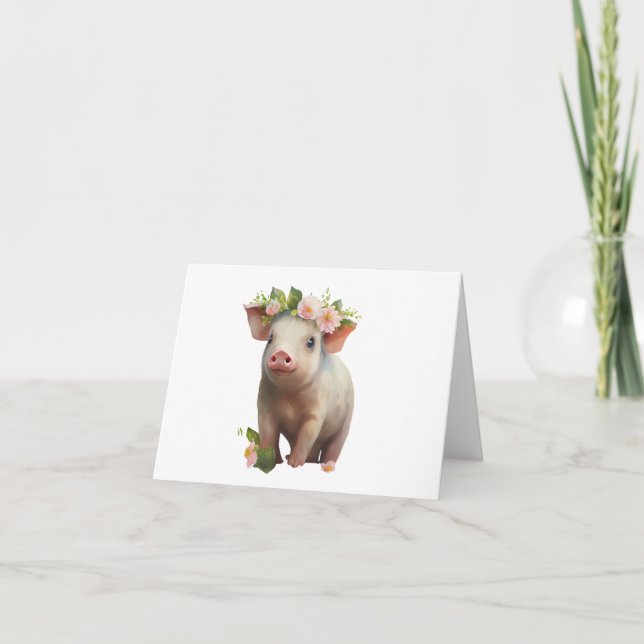 Vattenfärg Baby Piglet med blommor på Head BLANK Kort (Framsida)