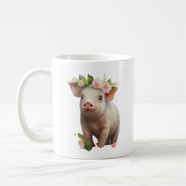 Vattenfärg Baby Piglet med blommor på huvud Kaffemugg (Vänster)