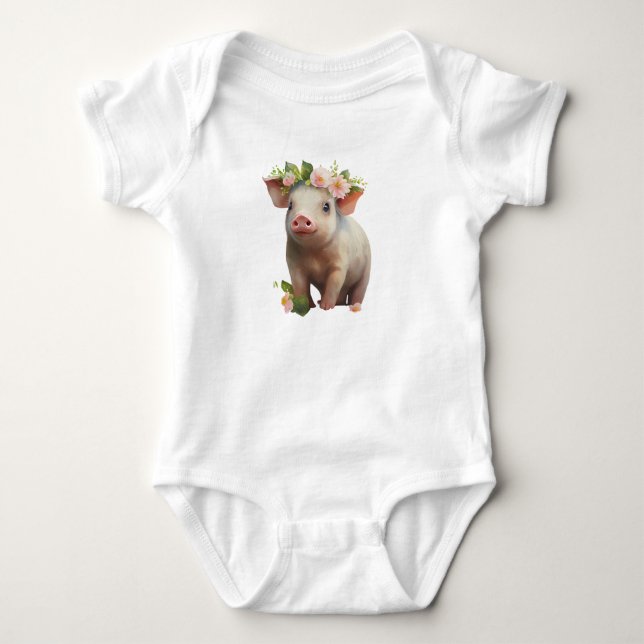 Vattenfärg Baby Piglet med blommor på huvud T Shirt (Framsida)
