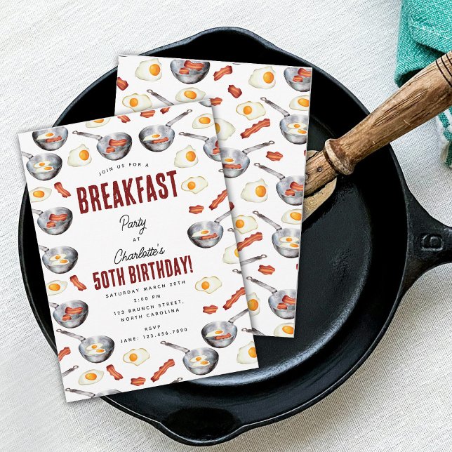 Vattenfärg Bacon & Eggs Breakfast Brunch Birthday Inbjudningar (Watercolor Bacon & Eggs Breakfast Brunch Birthday Invitation)