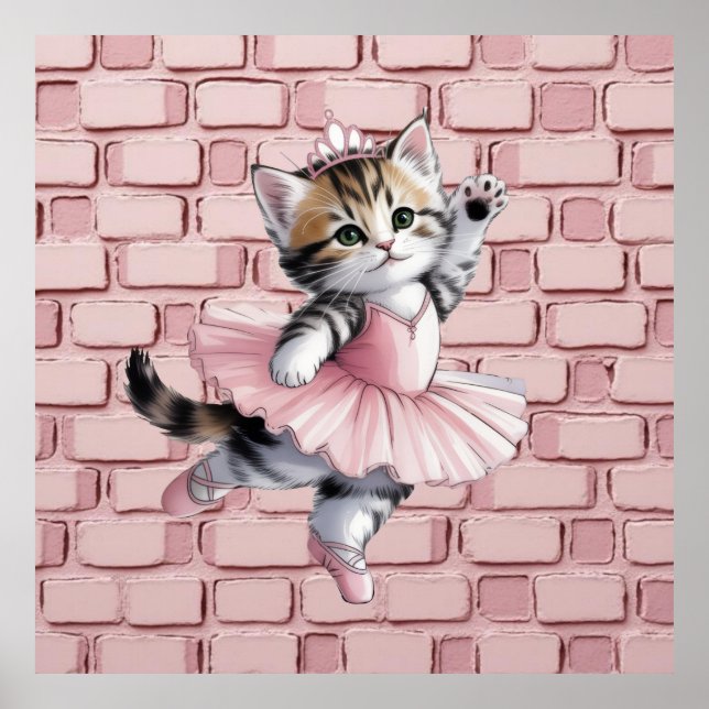 Vattenfärg Ballerina Kattunge Flicka Födelsedagsfe Poster (Framsidan)