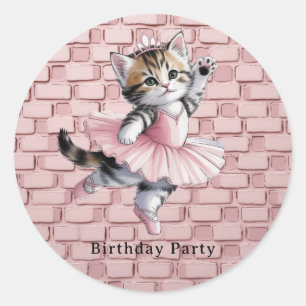 Vattenfärg Ballerina Kittens Flicka Födelsedagsfes Runt Klistermärke