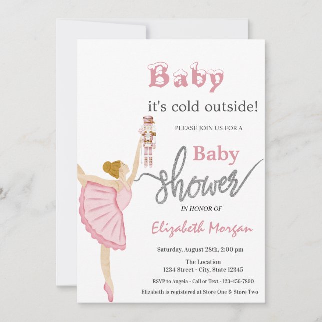 Vattenfärg Ballerina Nötknäppare Rosa Baby Shower  Inbjudningar (Framsida)