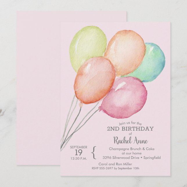 Vattenfärg Ballonger Flickas 2-årsdag Inbjudningar (Fram/baksida)