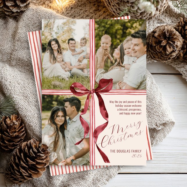 Vattenfärg Band Slinga Modern 3 Foto Jul Julkort (Elegant burgundy red watercolor bow and stripes Merry Christmas present ribbon 3 photo holiday card)