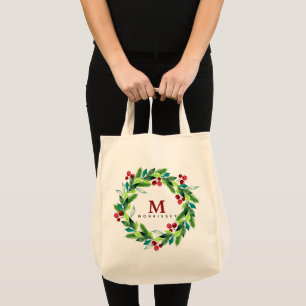 Vattenfärg Bär och Järnekranz Monogram Tygkasse