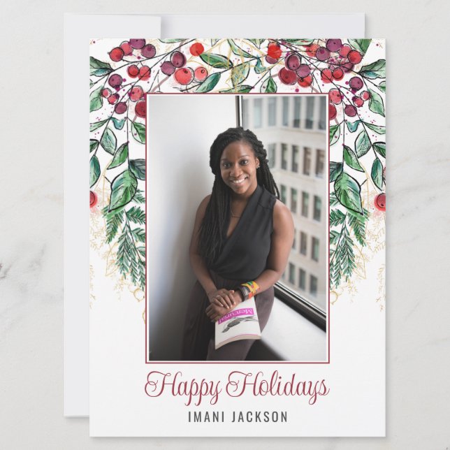 Vattenfärg Bär och Ständiggrön Jul Foto Julkort (Framsida)