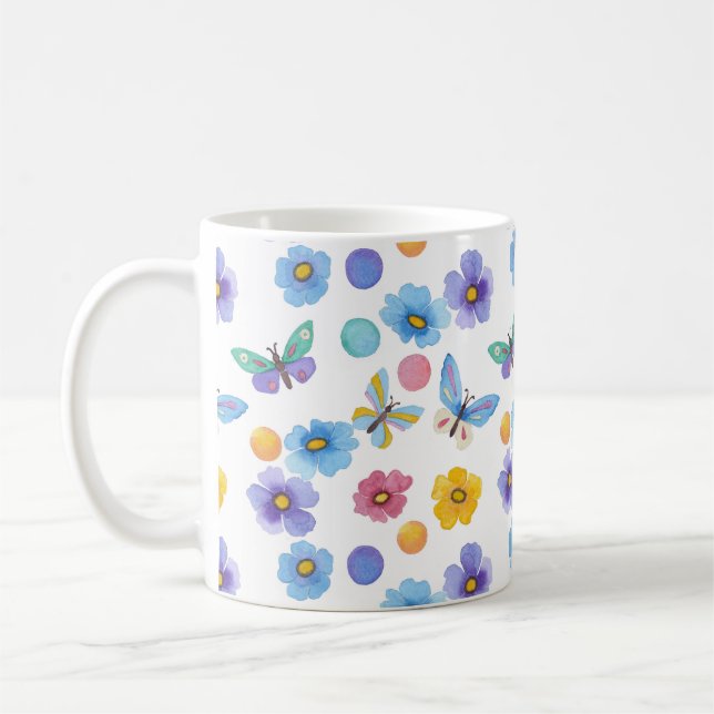 Vattenfärg barn fjäril blommor mönster kaffemugg (Vänster)