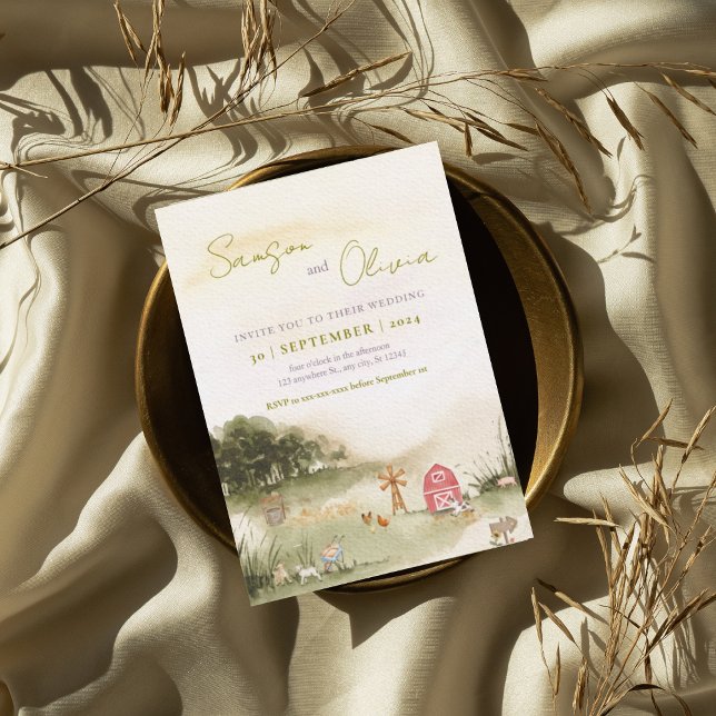 Vattenfärg Barn-illustration på gården bröllop Inbjudningar (Skapare uppladdad)