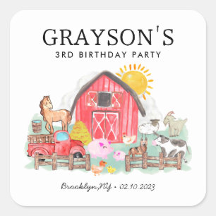 Vattenfärg Barnyard Animals Kids Farm Birthday Fyrkantigt Klistermärke