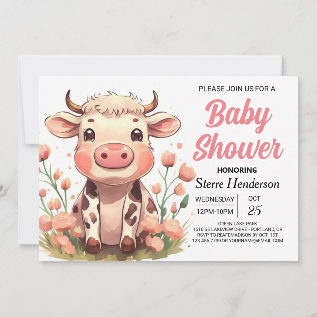 Vattenfärg Barnyard Bliss Cow Baby Shower Inbjudningar (Framsida)