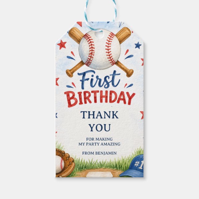 Vattenfärg Baseball 1-års födelsedag Presentetikett (Framsidan)