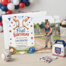 Vattenfärg Baseball 1-års födelsedagsfoto inbjudan