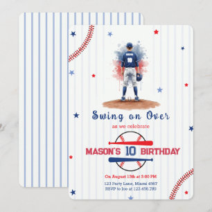 Vattenfärg Baseballspelare Pojke 10-årsdag Inbjudningar