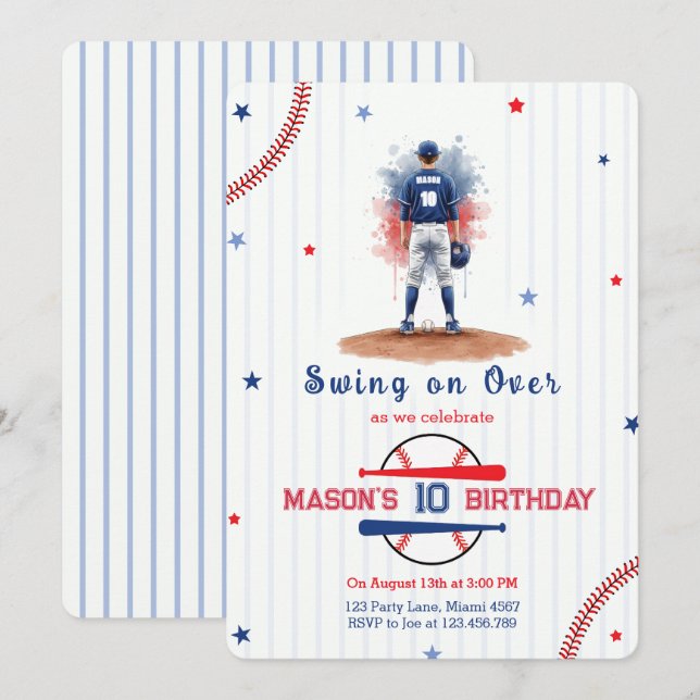 Vattenfärg Baseballspelare Pojke 10-årsdag Inbjudningar (Fram/baksida)