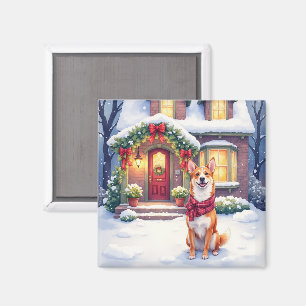 Vattenfärg Basenji radhus julfirande Magnet